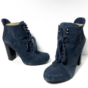 NINE WEST Womens Beautiful Navy Blue Suede Lace Up Block High Heel Ankle Boot 11